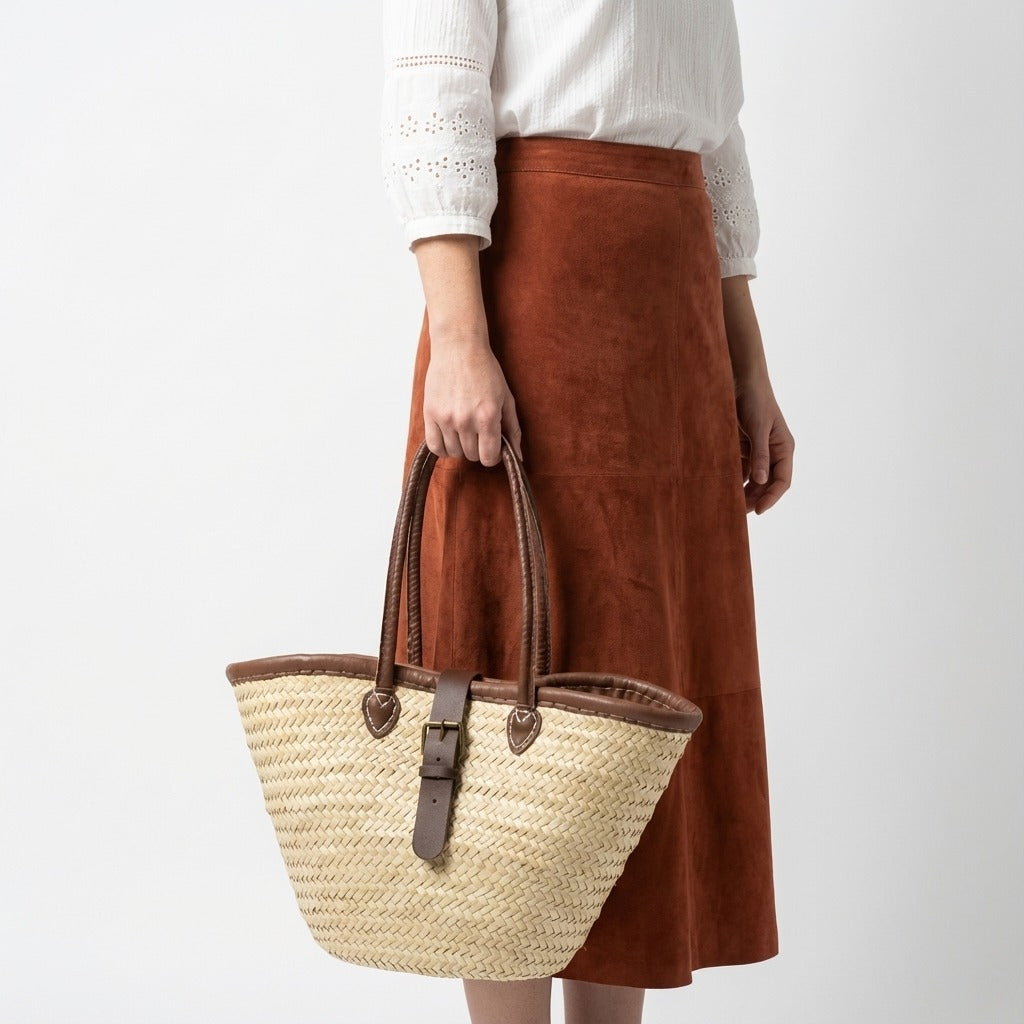 French Market Basket Straw Tote Bag with Leather Handles & Buckle Strap
