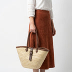 French Market Basket Straw Tote Bag with Leather Handles & Buckle Strap
