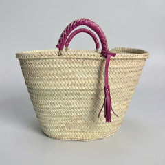 Woven Palm Leaf Market Basket Leather Handles Tassel