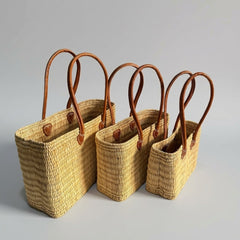 Classic Straw Basket Bag - Tote with Genuine Leather Handles