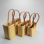 Rectangular Straw Market Bag with Leather Handles - Woven Beach Tote