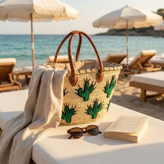 Embroidered Cactus Straw Tote Bag with Leather Handles - Summer Beach & Market Carryall
