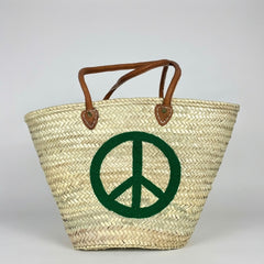 Woven Straw Peace Sign Tote Bag Green Leather Handle