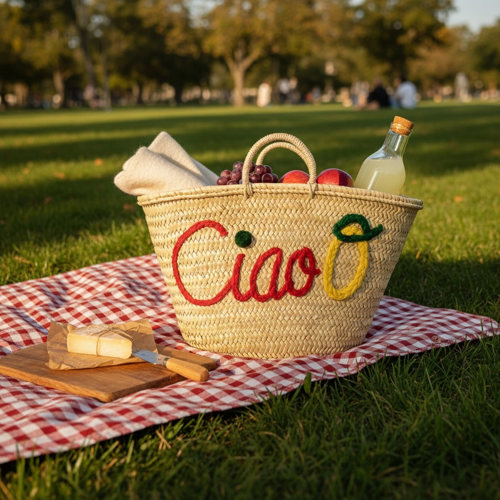 Ciao Embroidered Straw Tote Bag - Woven Lemon Beach Basket Handbag