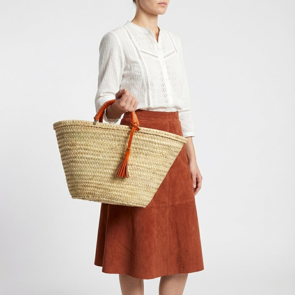 Woven Straw Market Tote with Leather Handles & Tassel