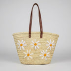 Daisy Straw Tote Bag Handwoven Floral Market Basket