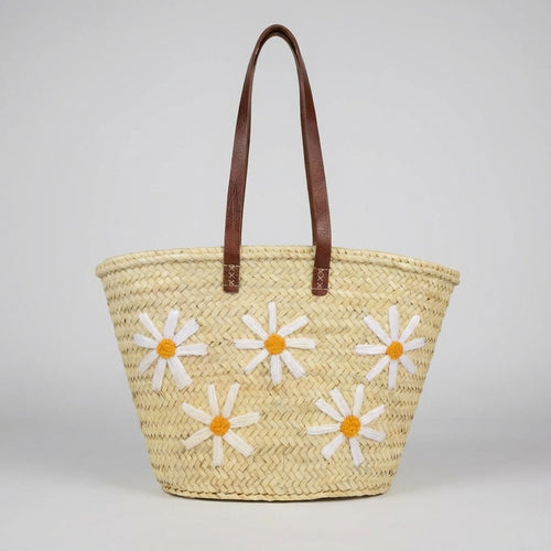 Daisy Straw Tote Bag Handwoven Floral Market Basket