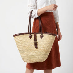 Chic Woven Straw Tote Bag with Leather Handles & Buckle