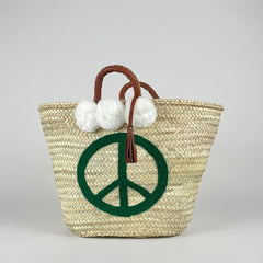 Woven Straw Peace Sign Tote Bag Green Leather Handle