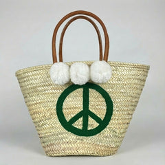 Woven Straw Peace Sign Tote Bag Green Leather Handle
