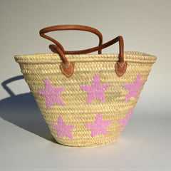 Pink Star Embroidered Straw Tote Bag - Summer Beach & Market Carryall