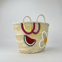 Embroidered Straw Market Basket - Watermelon & Daisy Tote