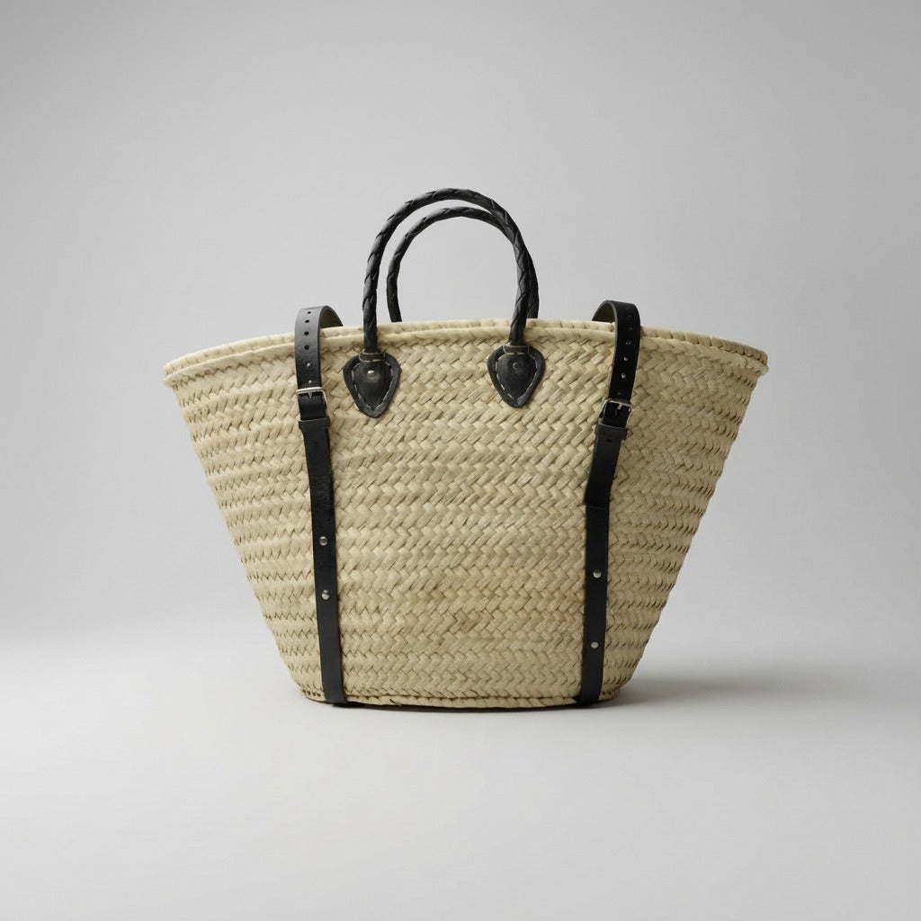 French Market Backpack Woven Straw Basket with Leather Straps