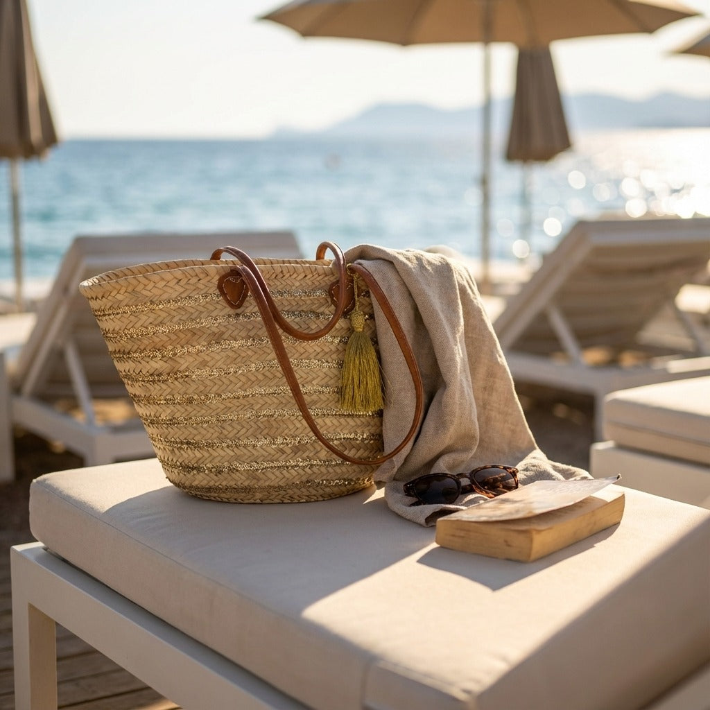 Gold Sequin Straw Tote - Handmade French Market Basket Leather Handles