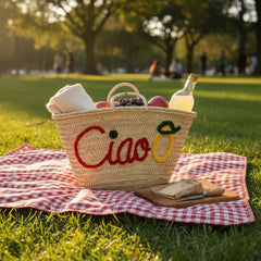 Handwoven Straw Market Tote Bag Ciao Lemon Embroidery