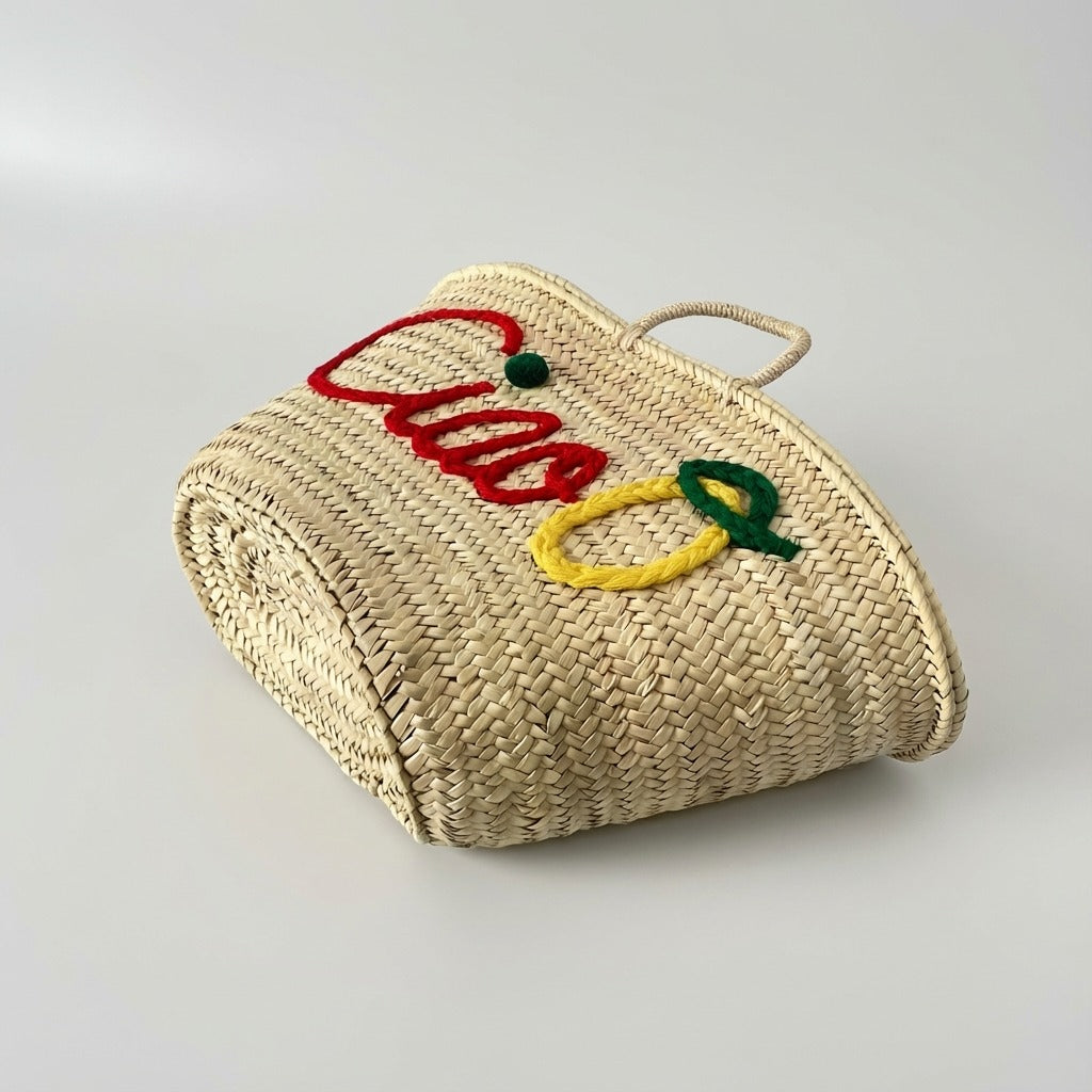 Ciao Embroidered Straw Tote Bag - Woven Lemon Beach Basket Handbag
