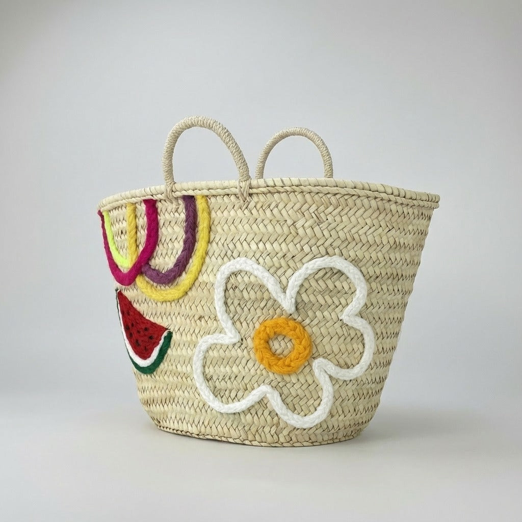 Embroidered Straw Market Basket - Watermelon & Daisy Tote