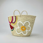 Straw Market Basket with Embroidered Flower and Watermelon Design