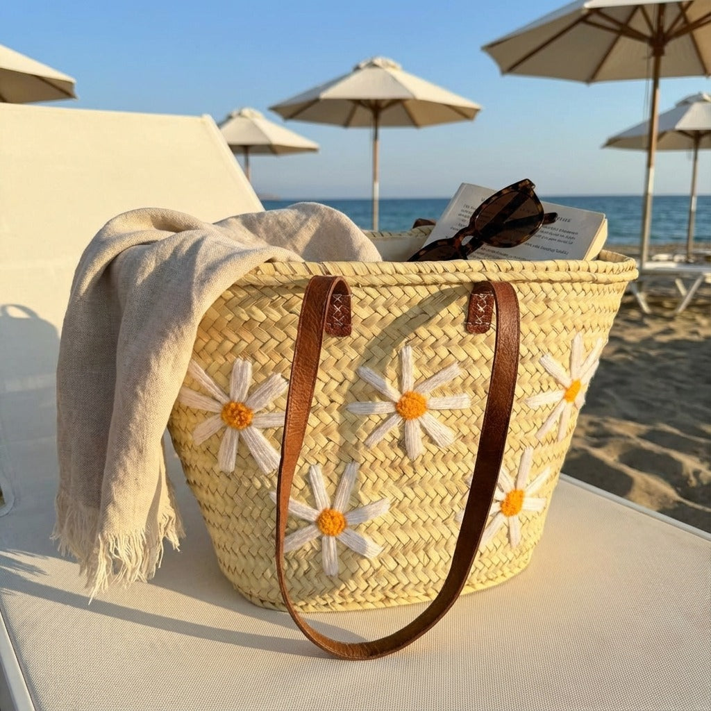 Daisy Straw Tote Bag Handwoven Floral Market Basket
