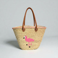 Flamingo Embroidered Straw Beach Bag - Handwoven Summer Tote