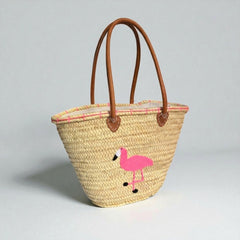 Flamingo Embroidered Straw Beach Bag - Handwoven Summer Tote