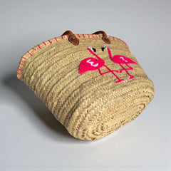 Handwoven Flamingo Straw Tote Bag with Leather Straps