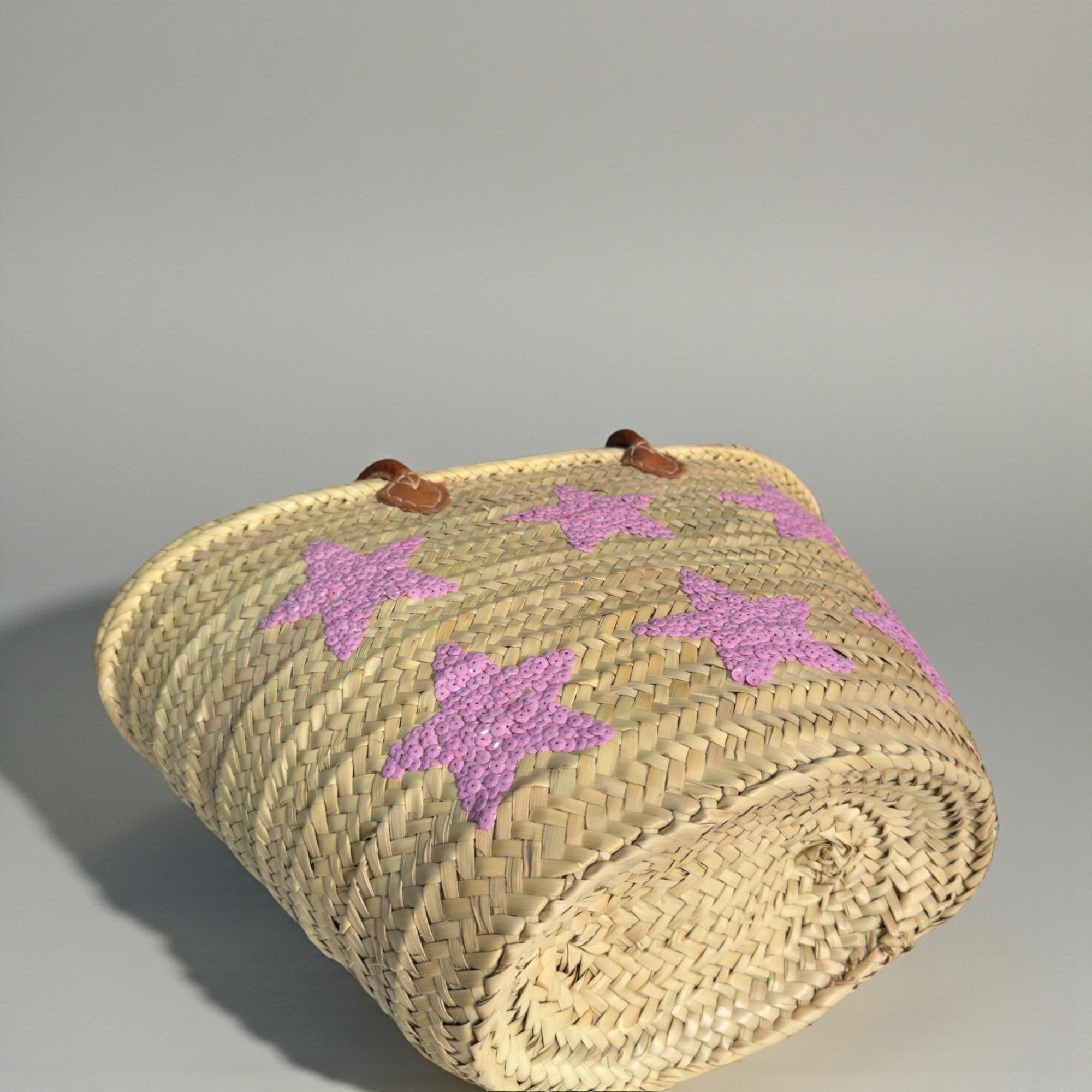 Pink Star Embroidered Straw Tote Bag - Summer Beach & Market Carryall