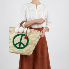 Woven Straw Peace Sign Tote Bag Green Leather Handle