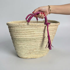 Woven Palm Leaf Market Basket Leather Handles Tassel