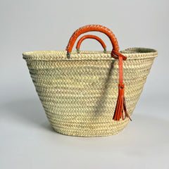 Woven Palm Leaf Market Basket Leather Handles Tassel