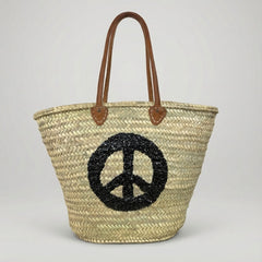 Sequin Peace Sign Straw Market Tote Bag Leather Handles