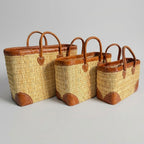 French Market Basket with Leather Handles - Woven Straw Tote Bag