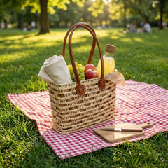 Staw Market Basket Tote – Woven Palm Leaves, Leather Handles