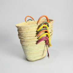 Woven Palm Leaf Market Basket Leather Handles Tassel
