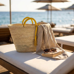 Woven Palm Leaf Market Basket Leather Handles Tassel