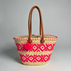 Handwoven Pink Arabesque Straw Tote Bag with Leather Handles & Pom Pom | Bohemian Beach Market Bag