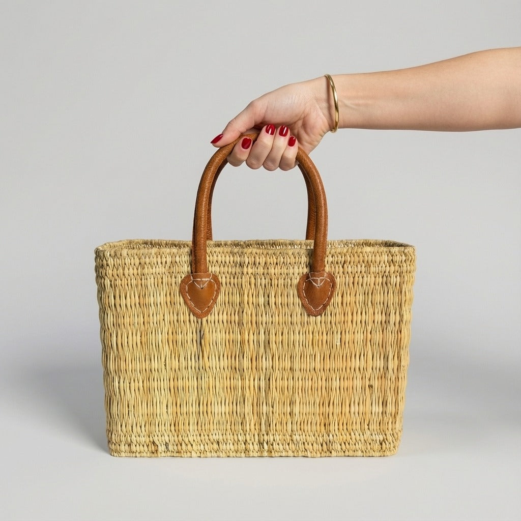 Rectangular Straw Market Bag with Leather Handles - Woven Beach Tote