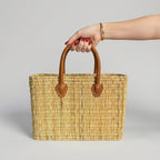 Rectangular Straw Market Bag with Leather Handles - Woven Beach Tote