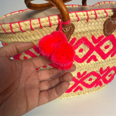 Handwoven Pink Arabesque Straw Tote Bag with Leather Handles & Pom Pom | Bohemian Beach Market Bag