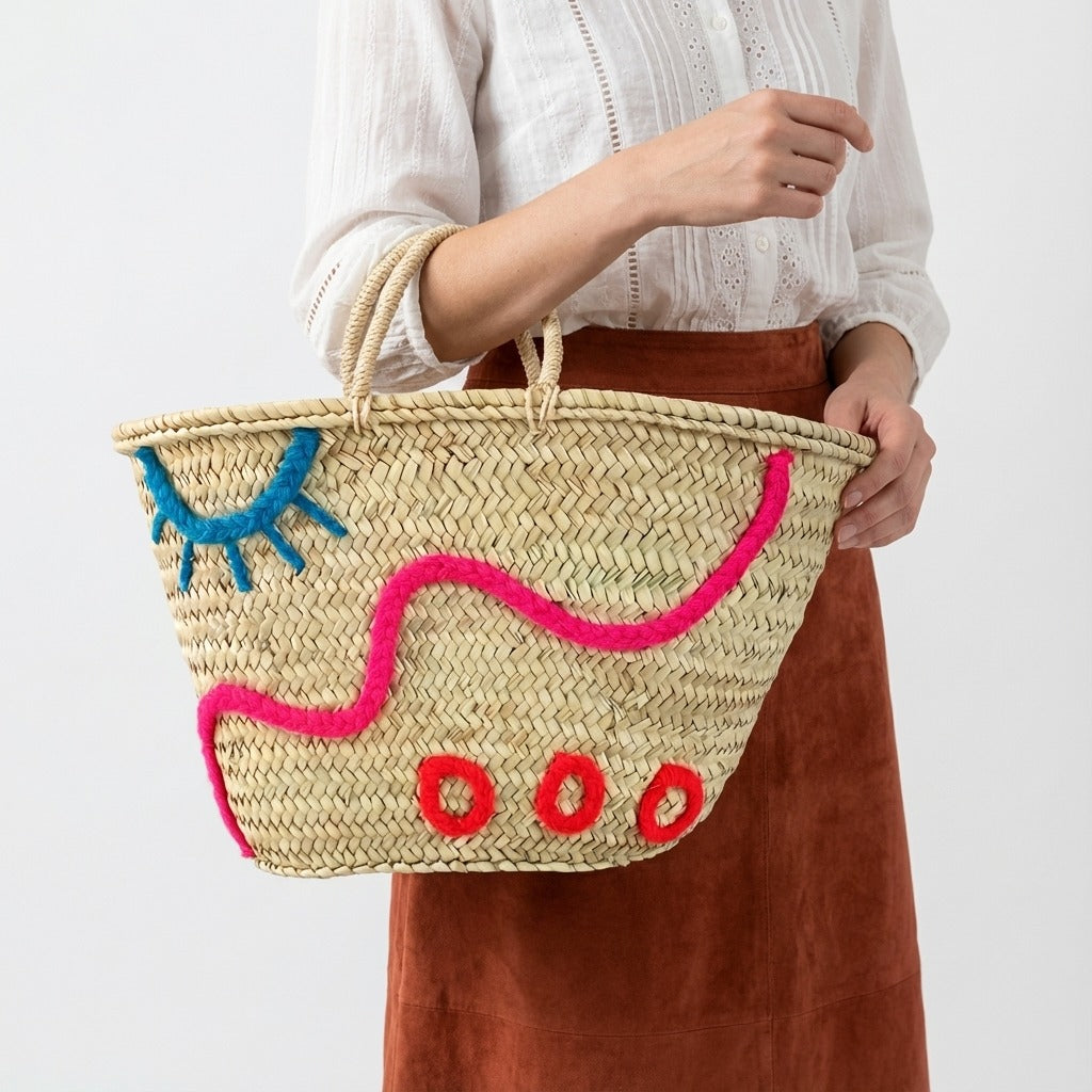 Embroidered Straw Tote Bag Woven Market Basket with Eye & Wave Design
