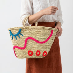 Embroidered Straw Beach Bag - Boho Abstract Market Tote