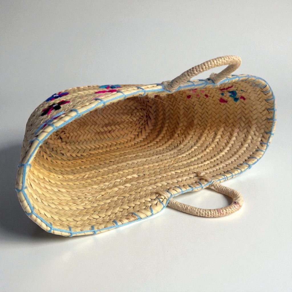 Floral Embroidered Straw Market Basket - Boho Woven Tote Bag