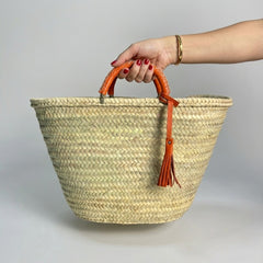 Woven Palm Leaf Market Basket Leather Handles Tassel