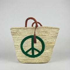 Woven Straw Peace Sign Tote Bag Green Leather Handle