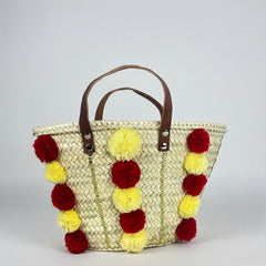 Handmade Moroccan Straw Tote Bag with Pom Poms & Sequins