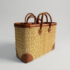 French Market Basket with Leather Handles - Woven Straw Tote Bag