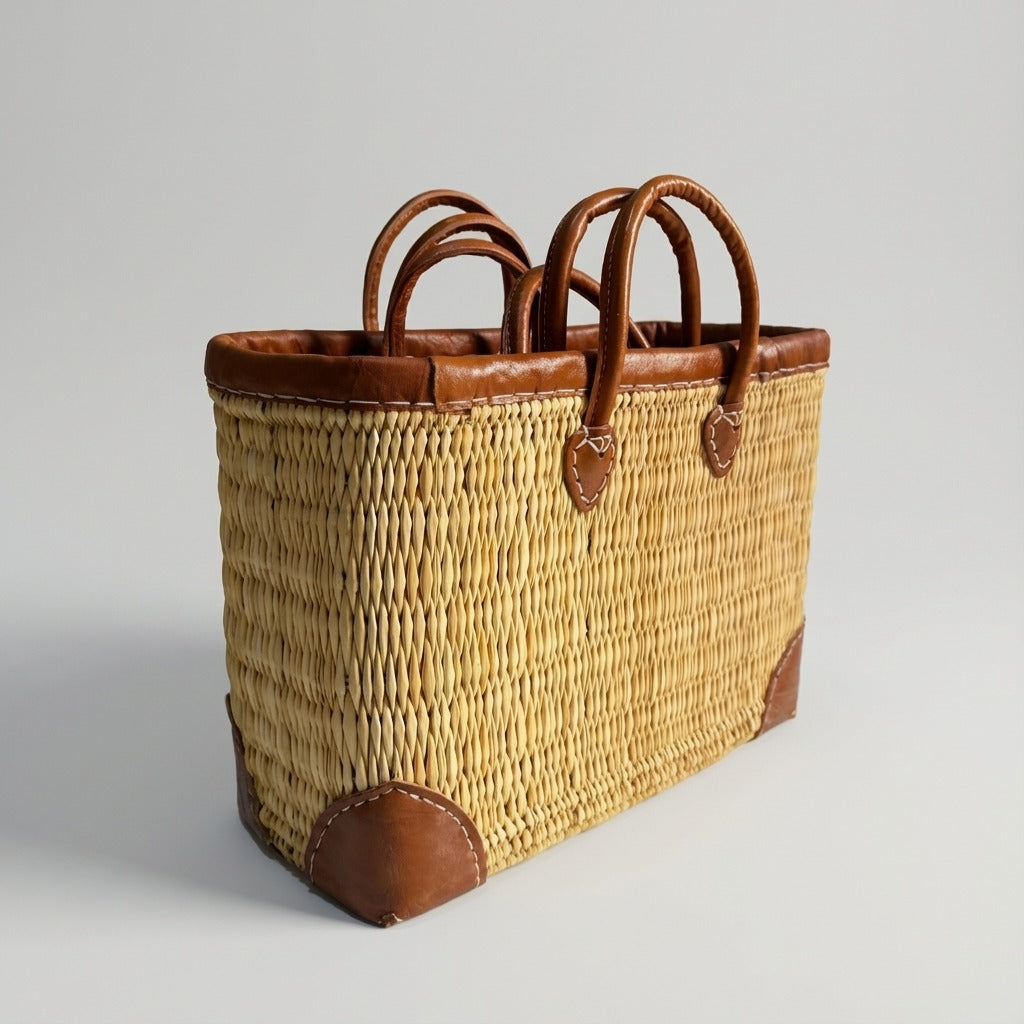 French Market Basket with Leather Handles - Woven Straw Tote Bag