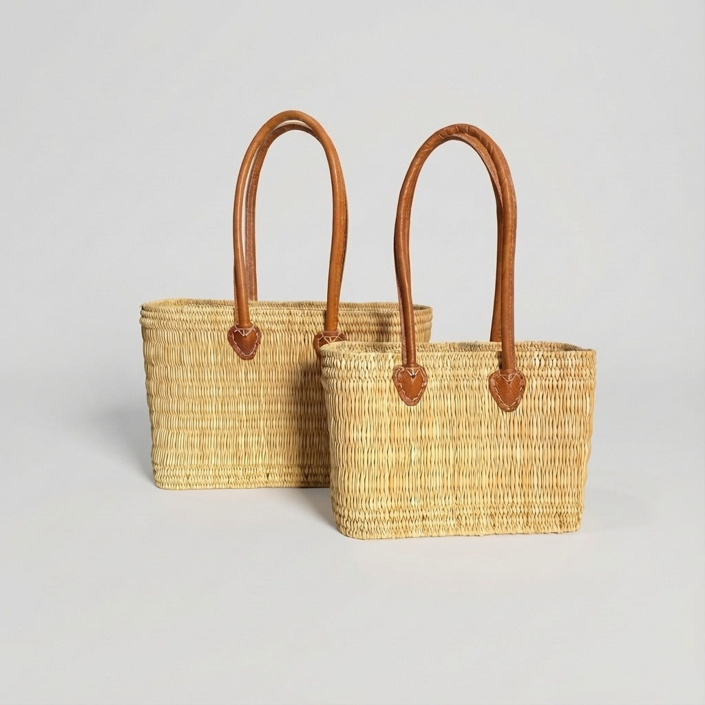 Rectangular Straw Market Bag with Leather Handles - Woven Beach Tote