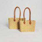 Rectangular Straw Market Bag with Leather Handles - Woven Beach Tote