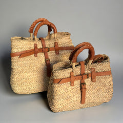 Woven Straw Market Basket Bag Leather Crossbody Tote
